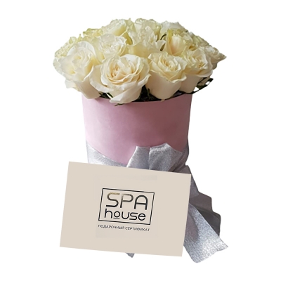 Белые розы в коробке и подарочный сертификат 