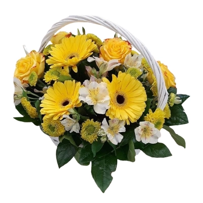 Композиция в корзине из гербер, хризантем и альстромерий  — Цветы SFlower – доставка цветочных букетов в Хабаровске. У нас цветы можно купить или заказать с доставкой круглосуточно — 